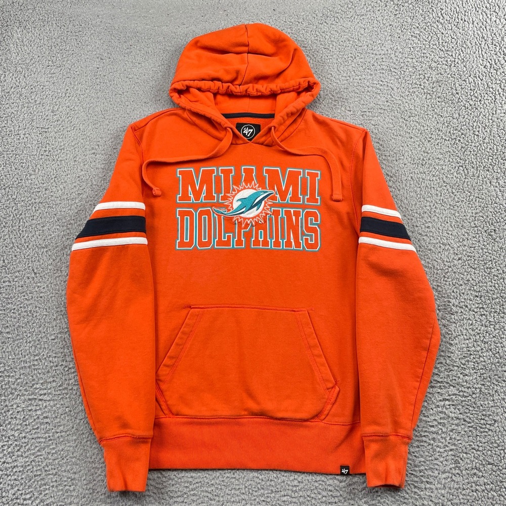 Miami Dolphins NFL Pullover Graphic Striped 47 Brand Hoodie Mens Medium Orange